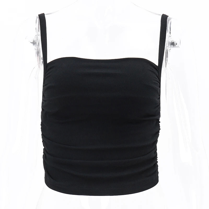 Bxoxo Spaghetti Straps Ruched Tank Top Casual All-matching Low-cut Backless Crop Tops Simple Underwear Bodycon Corsets