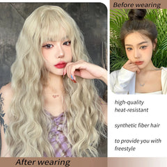 BXOXO Synthetic Pale Gold Curly Water Wave Wigs 24 Inch  Fiber Heat-resistant Deep Wave Hair Sweet And Natural Party or Selfie