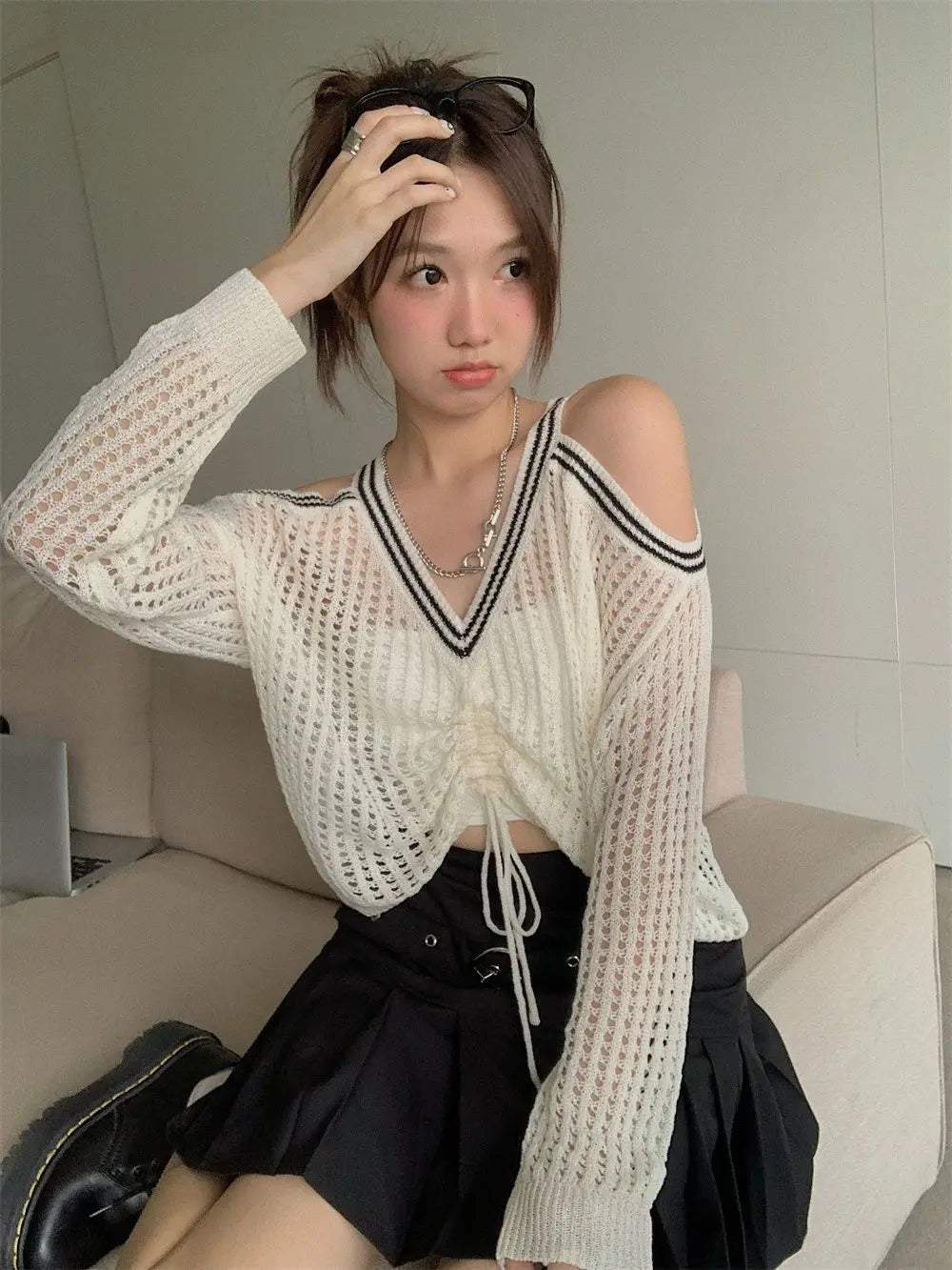 Bxoxo Off Shoulder Hollow Out Shirts Blouses Elegant and Youth Woman Blouse Drawstring Knitted V Neck Tops Vintage Y2k 2022 Fashion