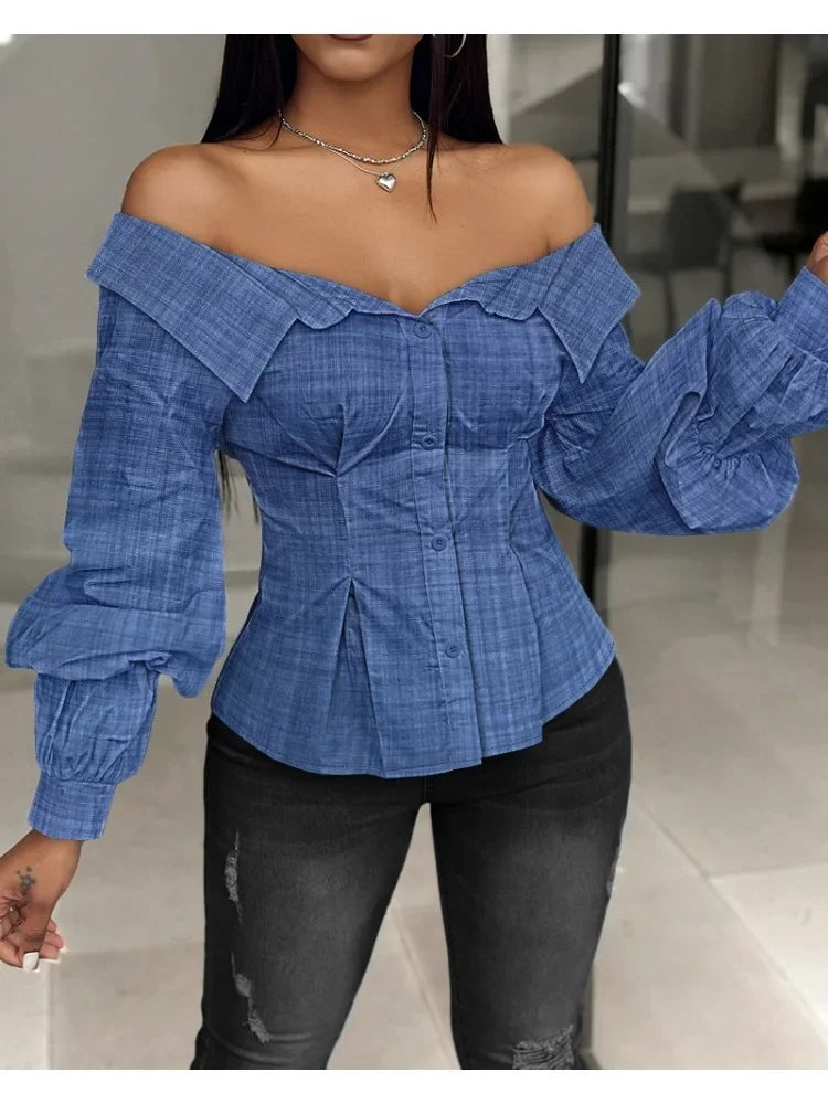 BXOXO Elegant White Shirts for Women Lantern Sleeve Off Shoulder Top Lady Blosues Long Sleeve Ruched Design Feamel Clothes Spring