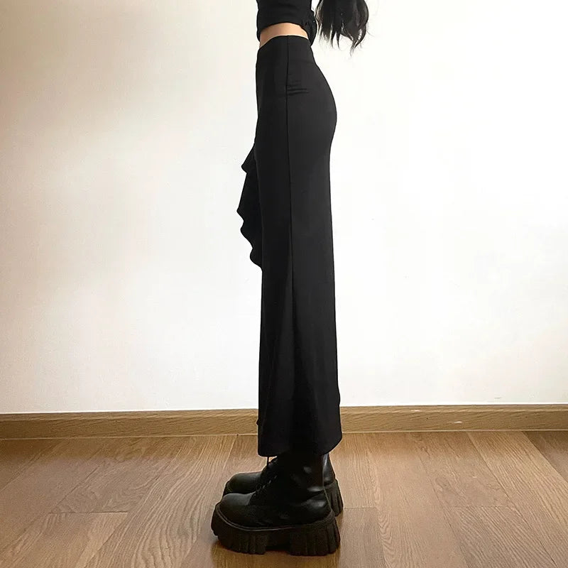 Bxoxo Gothic Black High Waist Bodycon Mid Skirt E-Girl Punk Ruffles Split A-Line Skirts Y2K Fashion Women Streetwear Bottoms