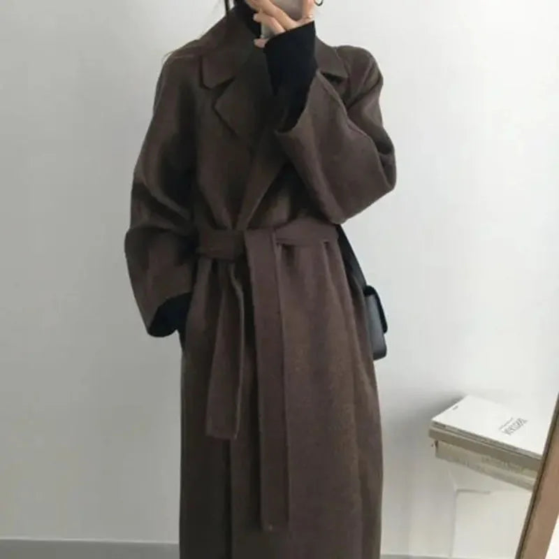 BXOXO Autumn Winter Woolen Coat Women Fashion with Belt Turn Down Collar Warm Overcoat Vintage Brown Long Woolen Jacket Woman