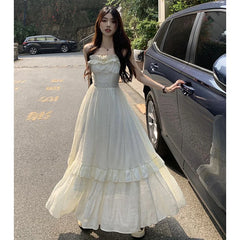 Bxoxo Vintage Ruffle Dress Women Korean Solid Sweet Elegant Preppy Midi Dress Summer Casual Sleeveless Spaghetti Straps A Line Dress