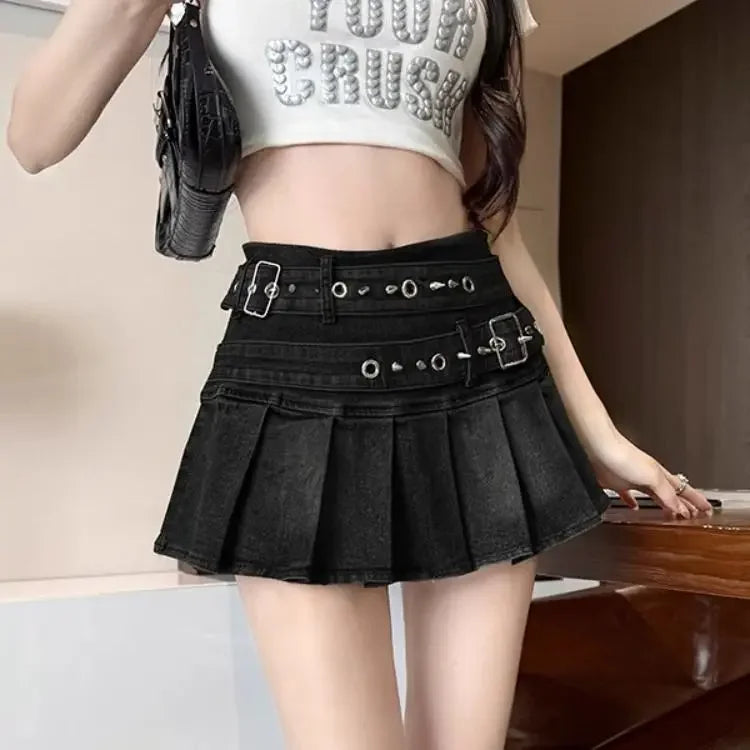 BXOXO American Vintage Streetwear Sexy Denim Skirts Women's Belt Buckle High Waist Pleated Y2k Skirts Hottie All-match Short Skirt New