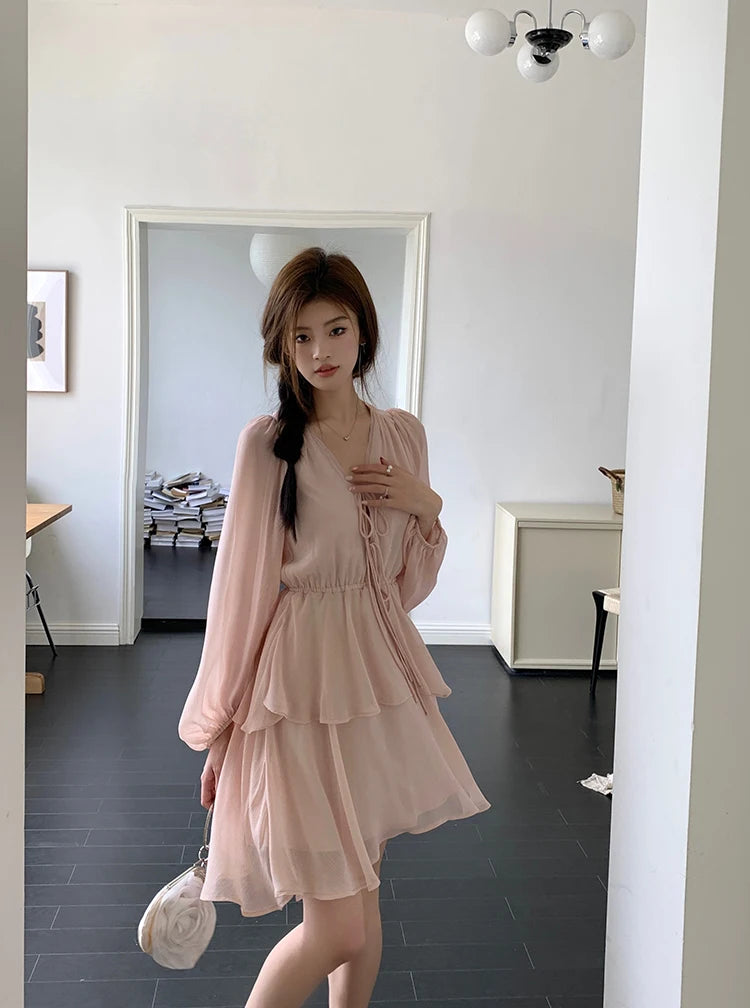 Bxoxo Women's Elegant Fairy Casual Korean Style Dresses New V-Neck Lace-up Long Lantern Sleeve Ruffles Midi Dress 2025 Holiday Vestido