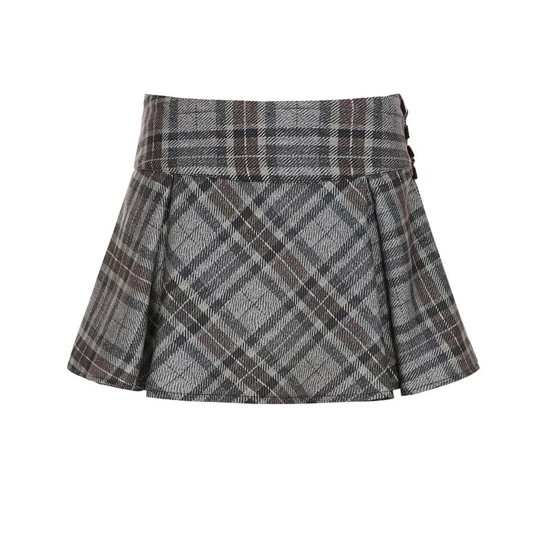 Bxoxo Academia Style Plaid Ruched Women’s A-Line Skirts Fashion All-Match Button Bow Design Mini Skirts Korean