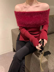 Bxoxo Off-shoulder Tops Cherry Red Fuzzy Knit Side Slits Long Sleeve Off The Shoulder Sweater Autumn Winter Christmas Festival Outfit
