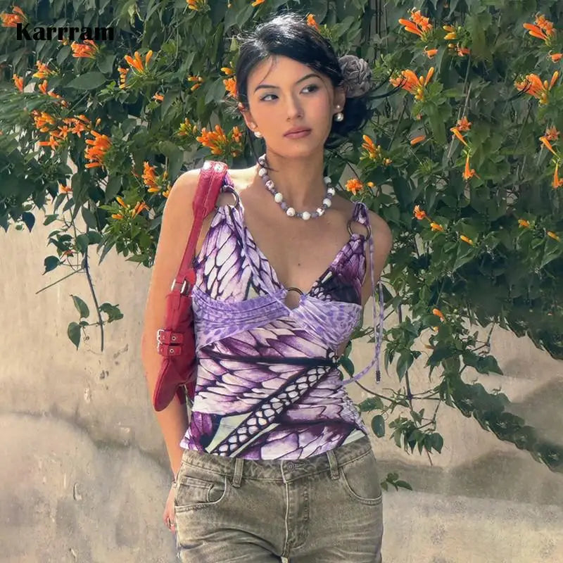 Bxoxo Japanese Y2k Purple Camisole Trashy 2000s V-neck Tank Top Grunge Aesthetics Backless Crop Top Vintage Harajuku Camis Top
