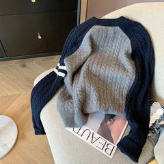 Bxoxo Grey Patchwork Knit Sweaters Women Autumn Winter Thick Loose O Neck Jumpers Y2K Korean Lazy Style All Match Pullovers Mujer