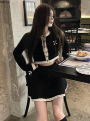 Bxoxo Autumn New Hight Waist Skirt 2 Piece Suit Korean Chic Patchwork Knitted Outfits Y2k Short Jumper Pleats Mini Skirt Set Women