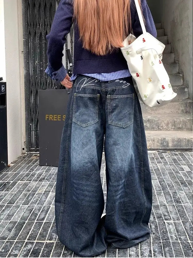 Bxoxo Y2k Letter Embroidery Washed Women Jeans Vintage Harajuku Wide Leg Denim Pants Baggy Gyaru Scimitar Trousers Streetwear