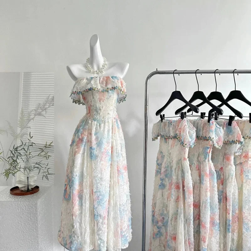 Bxoxo Sweet Fairy Tale Alice French Style Off-Shoulder Dress High Collar Full Sleeve Ankle-Length Beach Vacation Gown Quality