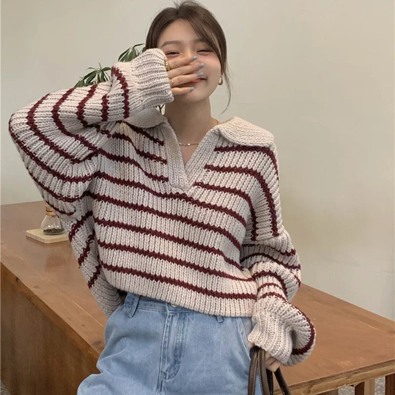 Bxoxo Vintage Striped Cropped Sweater Women Fall Winter Korean Preppy Knit Jumper Female Loose Long Sleeve Turndown Collar Pullovers