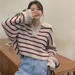 Bxoxo Vintage Striped Cropped Sweater Women Fall Winter Korean Preppy Knit Jumper Female Loose Long Sleeve Turndown Collar Pullovers