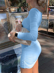 BXOXO Elegant Square Collar Long Sleeves Folds Slim Bodycon Dress Women Solid Color Skinny Mini Dress Sexy Club Party Vestidos
