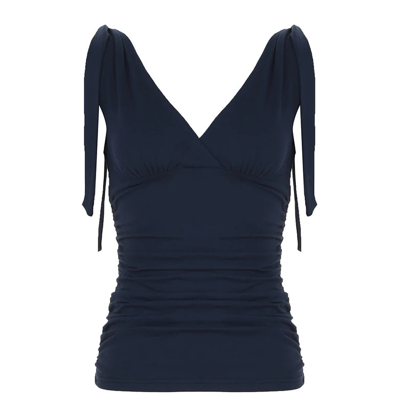 Bxoxo Elegant Ladies Solid Tank Top Vintage 2000s Folds V-neck Sleeveless Skinny Knitted Crop Tops Women Casual Summer Tees y2k