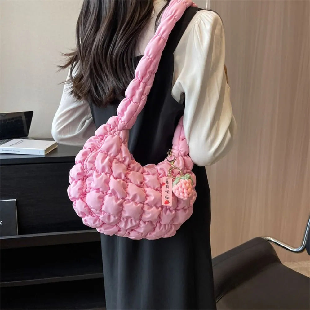 BXOXO Plaid Quilted Crossbody Bags for Women Korean Bubble Embroidered Shoulder Bags Ruched Solid Satchel Underarm Bag with Pendant