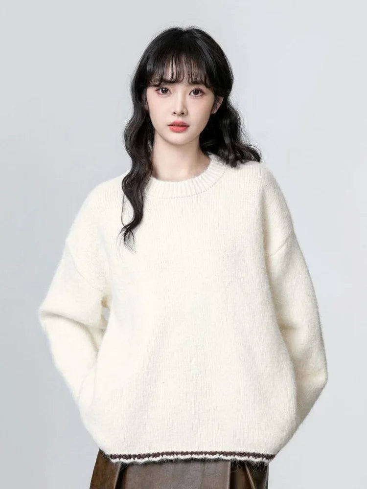Bxoxo Cute Retro Green Sweaters Women Preppy Style Loose O Neck Long Sleeve Knitted Jumper Japan Vintage Sweet Female Simple Pullovers
