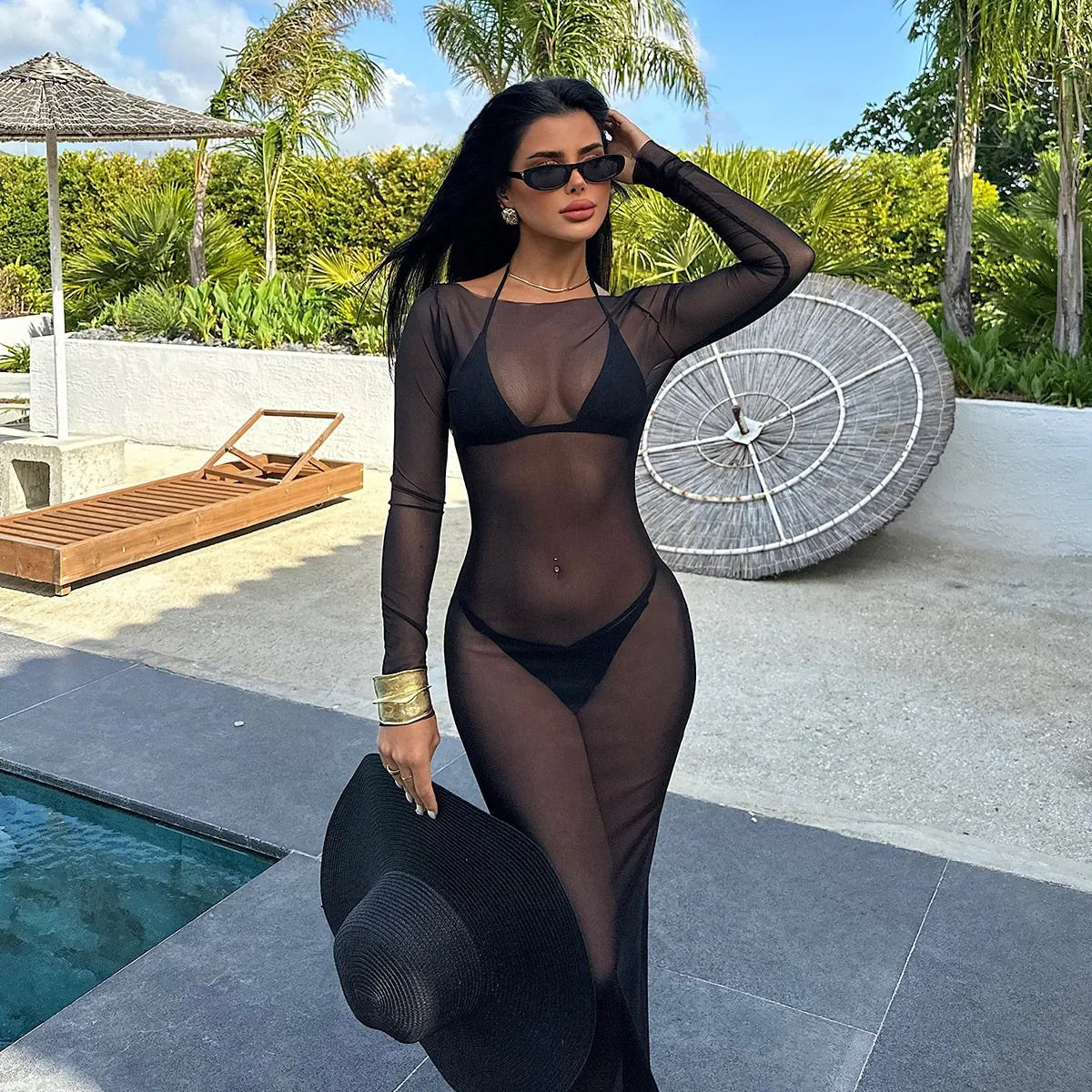 BXOXO Women Slash Neck Mesh See-Through Dress New Sexy Slim Pullover Long Sleeve Floor-Length Solid Dresses Beach Cover ups
