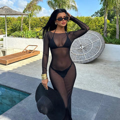 BXOXO Women Slash Neck Mesh See-Through Dress New Sexy Slim Pullover Long Sleeve Floor-Length Solid Dresses Beach Cover ups