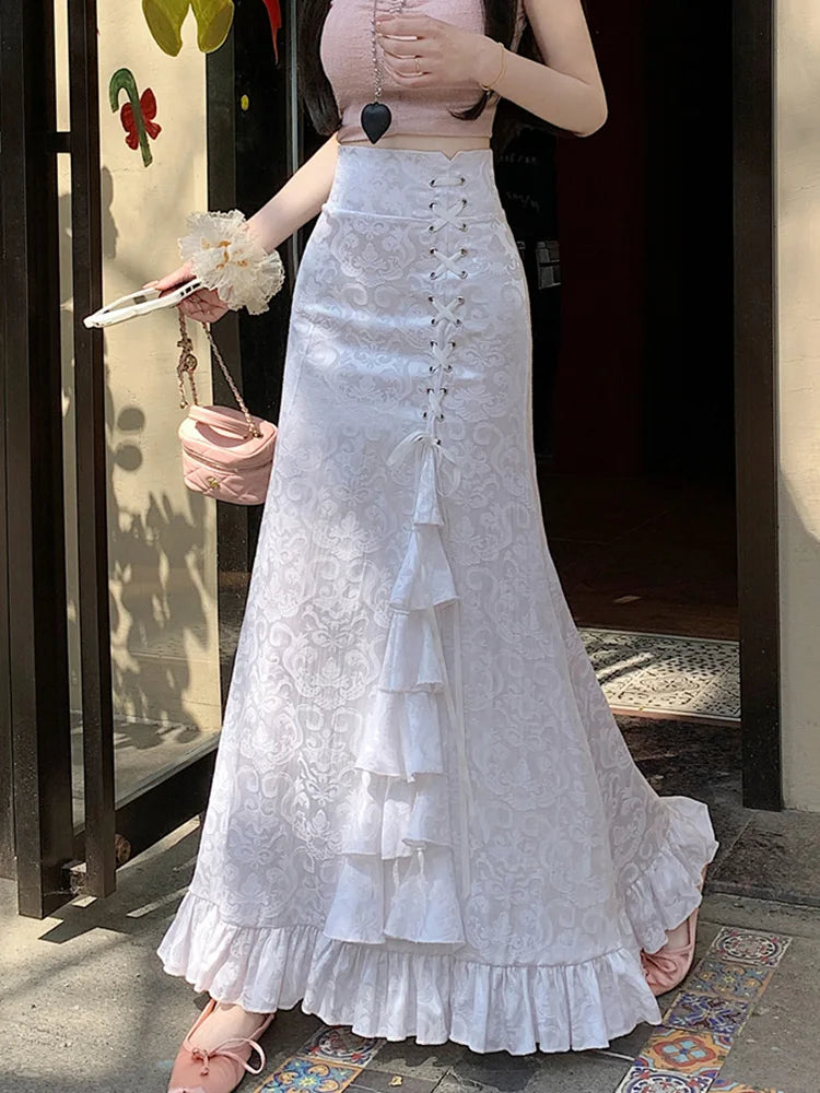 BXOXO Print Vintage Long Skirt Women Casual Ruffles England Sweet Trumpet Skirts Retro Lace Up Elegant Female Design Long Skirt