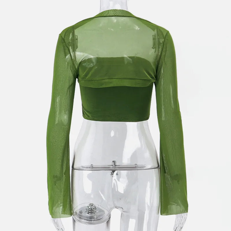 Bxoxo Aesthetic Vintage Women 2 Piece Sets Green Strapless Tank Top With Sexy Mesh Sheer Flare Long Sleeve Shawl Street Outfit