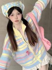 Bxoxo Casual Loose Sweaters Striped Contrast Color Zipper Stand Neck Long Sleeve Cardigan Preppy Style Fashion Sweet Women's Clothing