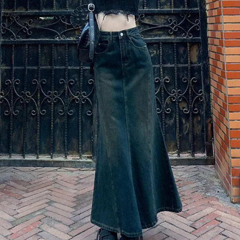BXOXO Mermaid Denim Skirts Autumn Winter Woman Sexy Bandage Floor-Length Skirt Women Vintage Fashion High Waist Skirts Ladies