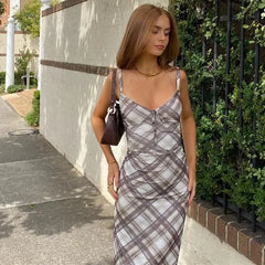 Bxoxo Vintage Plaid Print V Neck Midi Dress Women Summer Sexy Backless Spaghetti Straps Dress Y2K Club Party Slim All Match Vestidos