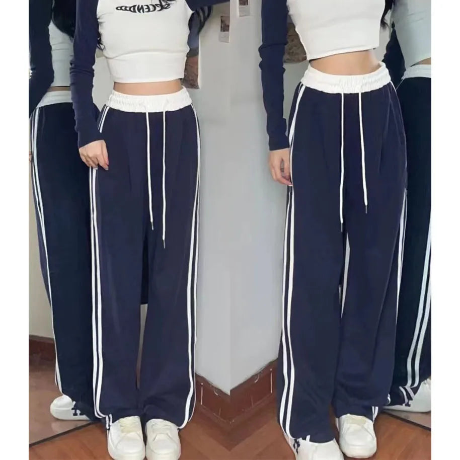 Bxoxo Vintage Stripe Women Wide Leg Pants Y2K Autumn High Waist Baggy Casual Sweatpants Harajuku Korean All Match Straight Trousers