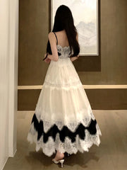 BXOXO Vintage Fashion Women's Black Beige Patchwork Elegant Pleated Evening Party Dress French Summer Sleeveless Backless Slip Dresses
