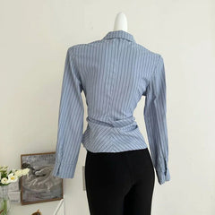 Bxoxo Blue Striped Shirts Women Vintage Elegant Irregular Waist White Blouses Ladies Korean Long Sleeve Chic Buttons Slim Design Tops