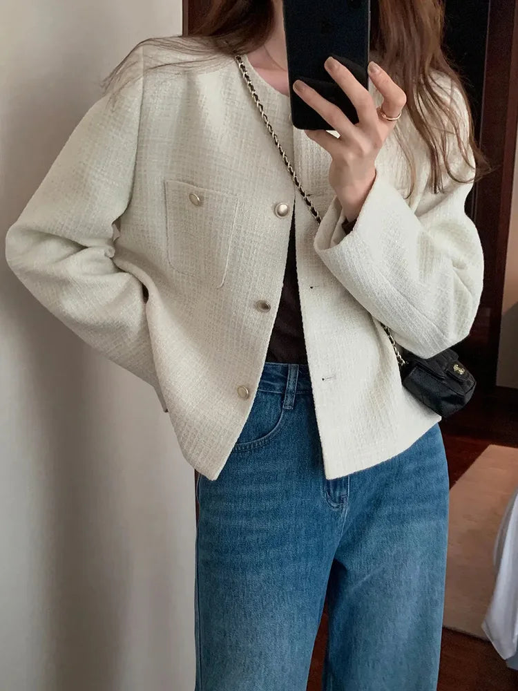 Bxoxo Elegant Chic Tweed Jacket Women O Neck Slim Long Sleeve Fashion Short Coats Casual French Sweet Small Fragrance Outwear Lady New