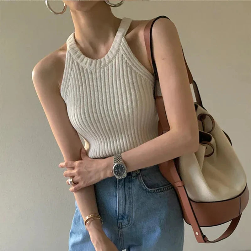 Bxoxo Elegant Slim Knitted Camis for Women Summer Korean Chic O Neck Sleeveless Tank Y2K Solid Simple Basic All Match Vest Mujer