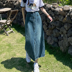 Bxoxo Vintage High Waist Women Denim Midi Skirt Summer Korean Thin Section Slit A Line Skirts Fashion Casual All Match Denim Skirts