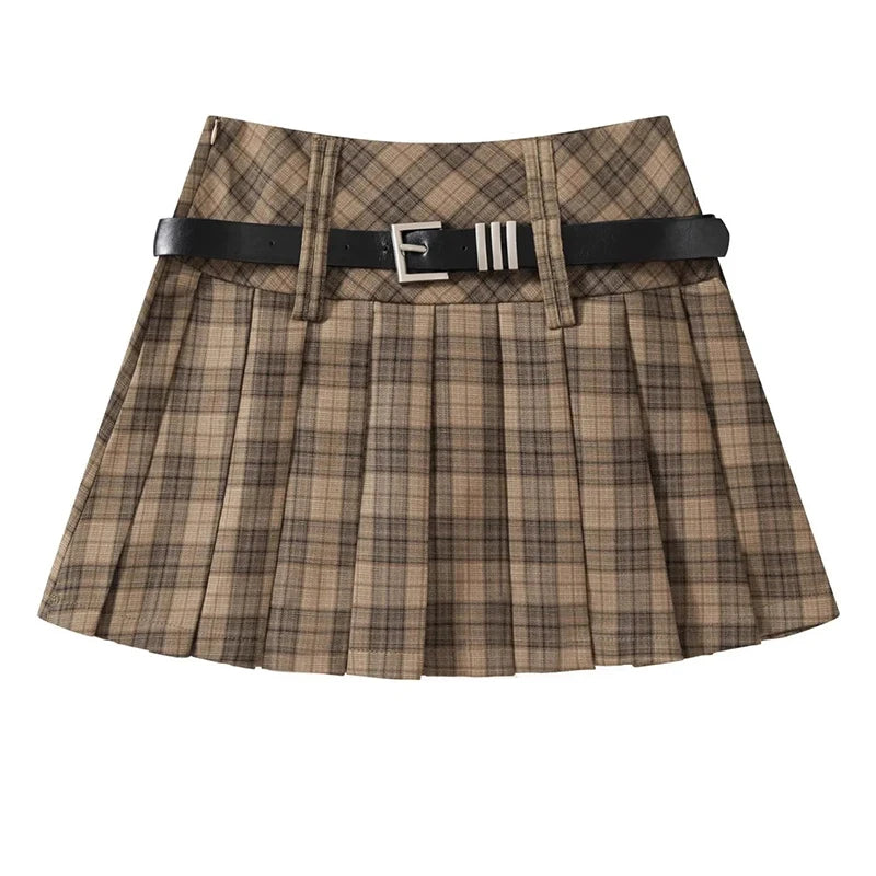 Bxoxo Vintage Plaid Women Pleated Skirts Y2K High Waist Preppy with Belt Mini Skirts Spring Korean All Match Ladies A Line Skirts New