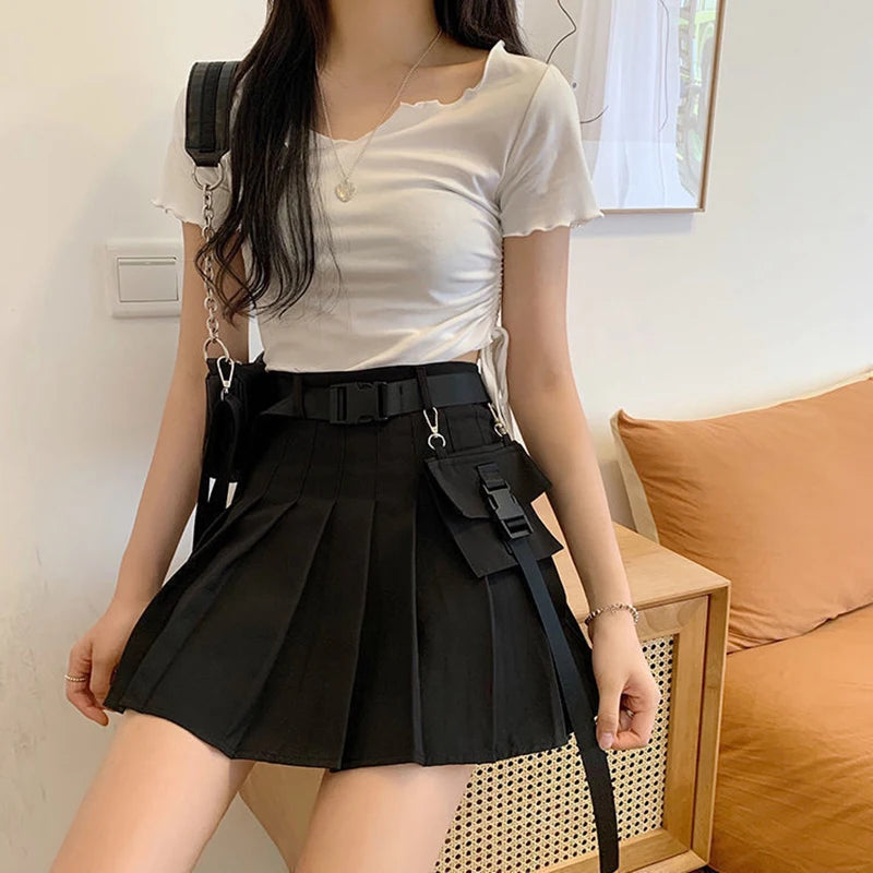 Bxoxo Harajuku Belt Pleated Cargo Skirt Women Fashion Gothic High Waist Pocket Mini Skirts Fashion Summer Lady A Line Black Skirt