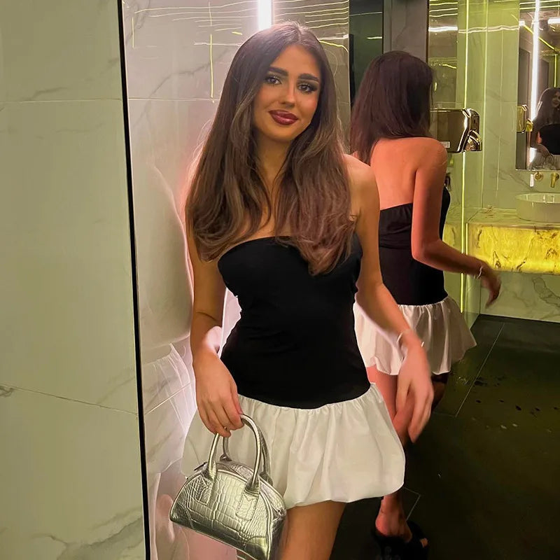 Bxoxo Contrast Color Mini Folds Dress For Women Strapless Sexy Slim Sleeveless Ruched Splice Y2K Beach Female Club Party Dress