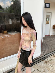BXOXO Vintage Tie Dye T Shirt Women Flare Sleeve Mesh Tops Irregual Y2k Retro Crop Tops Streetwear Japanese 2000s Tshirts
