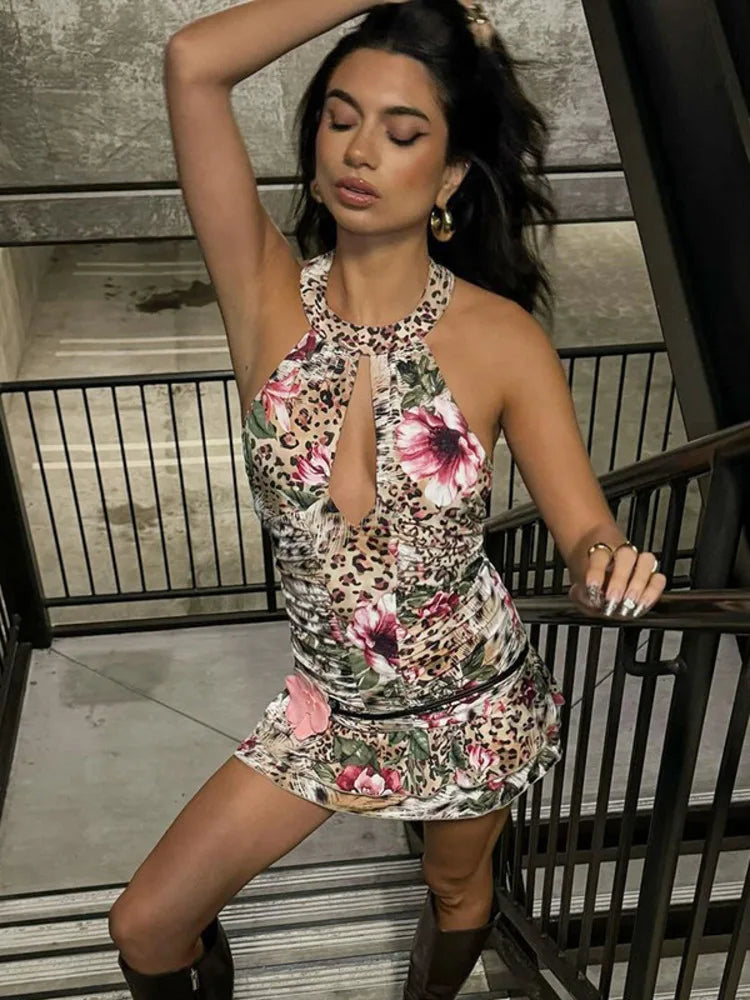 BXOXO  Hollow Out Halter Print Mini Dress For Women Robe Fashion Sleeveless Backless High Waist Ruffled Club Party Dress