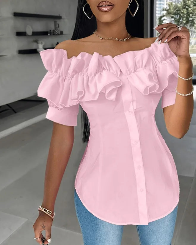 BXOXO Sexy One-piece Collar Slim White Shirt And Blouses Women's Summer Short Sleeve Fashion Ruffle Button Cardigan Female Shirts Top