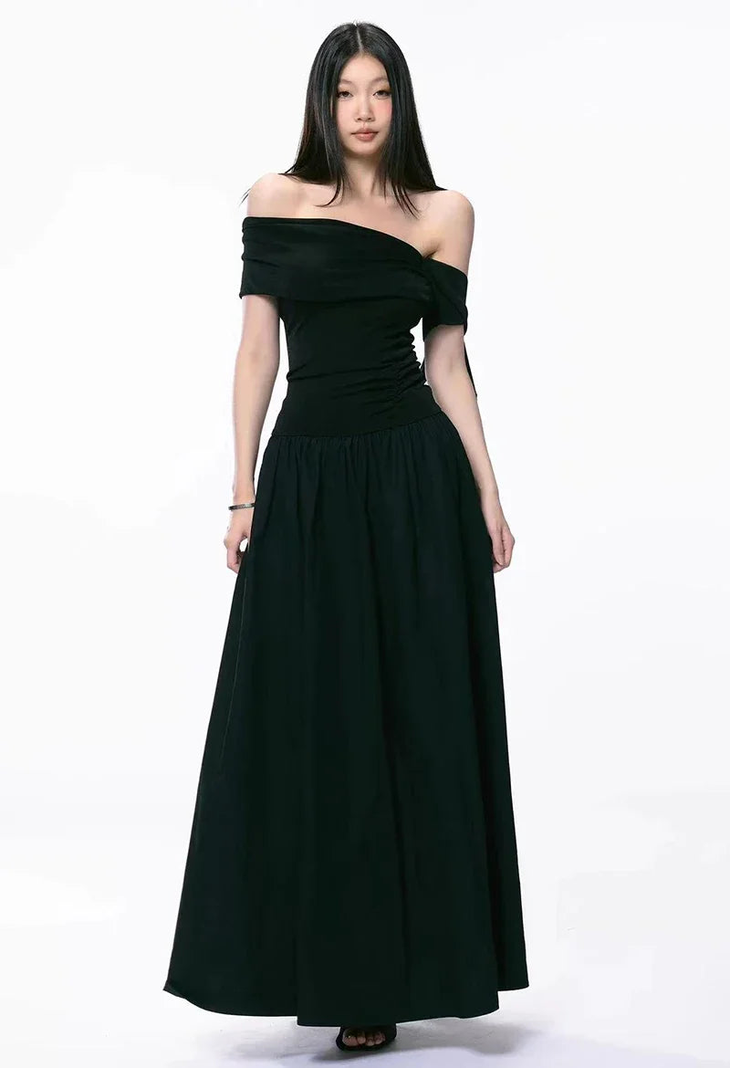 Bxoxo Elegant Hepburn Style Slash Neck Women Midi Dress Y2K Sexy One Shoulder Sleeveless Black Dress Summer Evening Party Vestidos