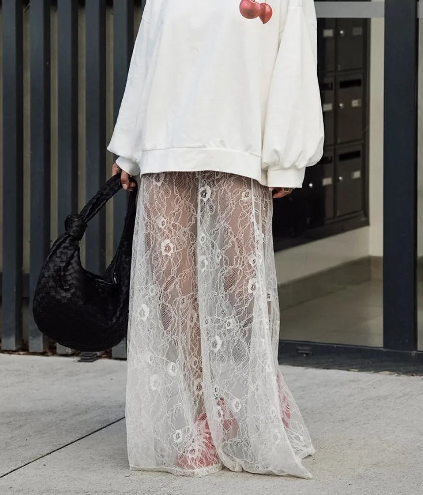Bxoxo New Jacquard Lace Sheer Long Skirt Women Elastic Waist White Sexy Transparent Maxi Skirts Female Streetwear Fashion Faldas Jupe
