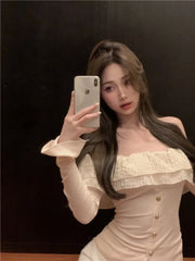 Bxoxo Women Clothing Sweet Slim Fit Flare Sleeves Top Off Shoulder Lotus Leaf Edge Black Knit T-shirt Crop  Ropa De Mujer Graphic