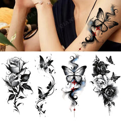 BXOXO Black Flower Waterproof Temporary Tattoo Sticker Beauty Butterfly Rose for Women 3D Flash Body Arm Art Washable Fake Tattoos