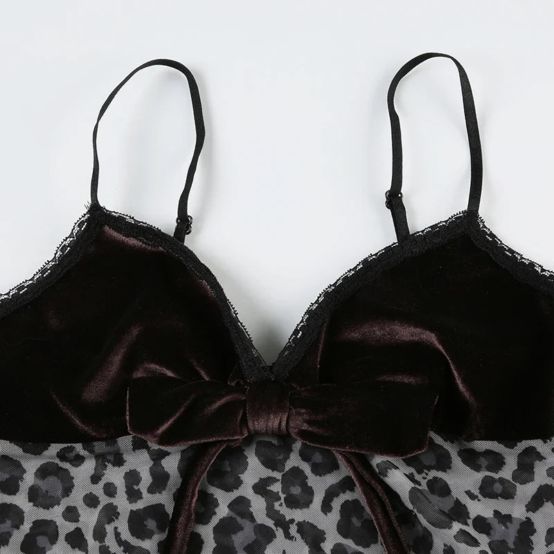 BXOXO Leopard Mesh Crop Top y2k Bow Velvet Patchwork See Through Mini Vest Grunge Korean Vintage Camisole Lace Frill Tanks