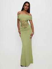 BXOXO  Off-shoulder Strapless Sexy Maxi Dress For Women Green Lace Sheer Sleeveless Backless Bodycon Club Party Long Dress