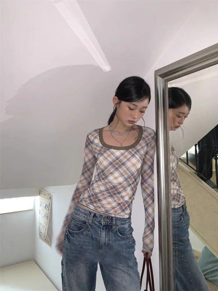 BXOXO Vintage Plaid T Shirt Women O Neck Skinny Tee Tops Streetwear American Retro 90s Crop Tops Autumn  Tshirts Female Chic
