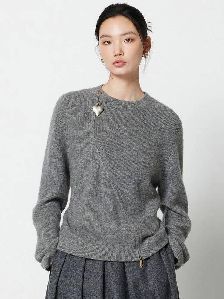 Bxoxo Streetwear Gray Sweaters Women Long Sleeve Vintage O Neck Love Zipper Knitted Cardigan Casual Retro Korean Female Tops Fall