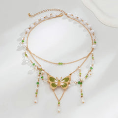 BXOXO 2Pcs Kpop Multilayer Lovely Butterfly Pendant Tassel Necklace Clip Earrings for Women Wed Bridal Exquisite Chain Y2K Jewelry Set